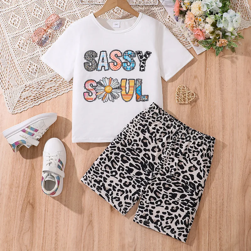 2024 Summer Child Clothes Sets Short Sleeve O Neck Letter T-shirt Leopard Shorts 2 Piece Sets Designer Girls Clothes Sets 8-12T