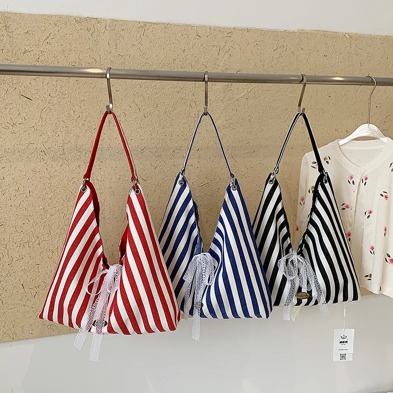 Sac fourre-tout en toile rayé rétro style coréen grande capacité pour femme, sac à bandoulière décontracté pour le quotidien et le shopping