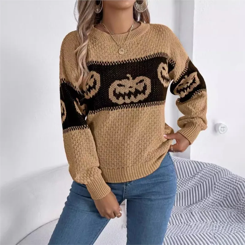 Autumn/Winter New Women's Knitted Sweater Halloween Pumpkin Pattern Comparison Long Sleeve Hoodie Color Blocked Loose Casual