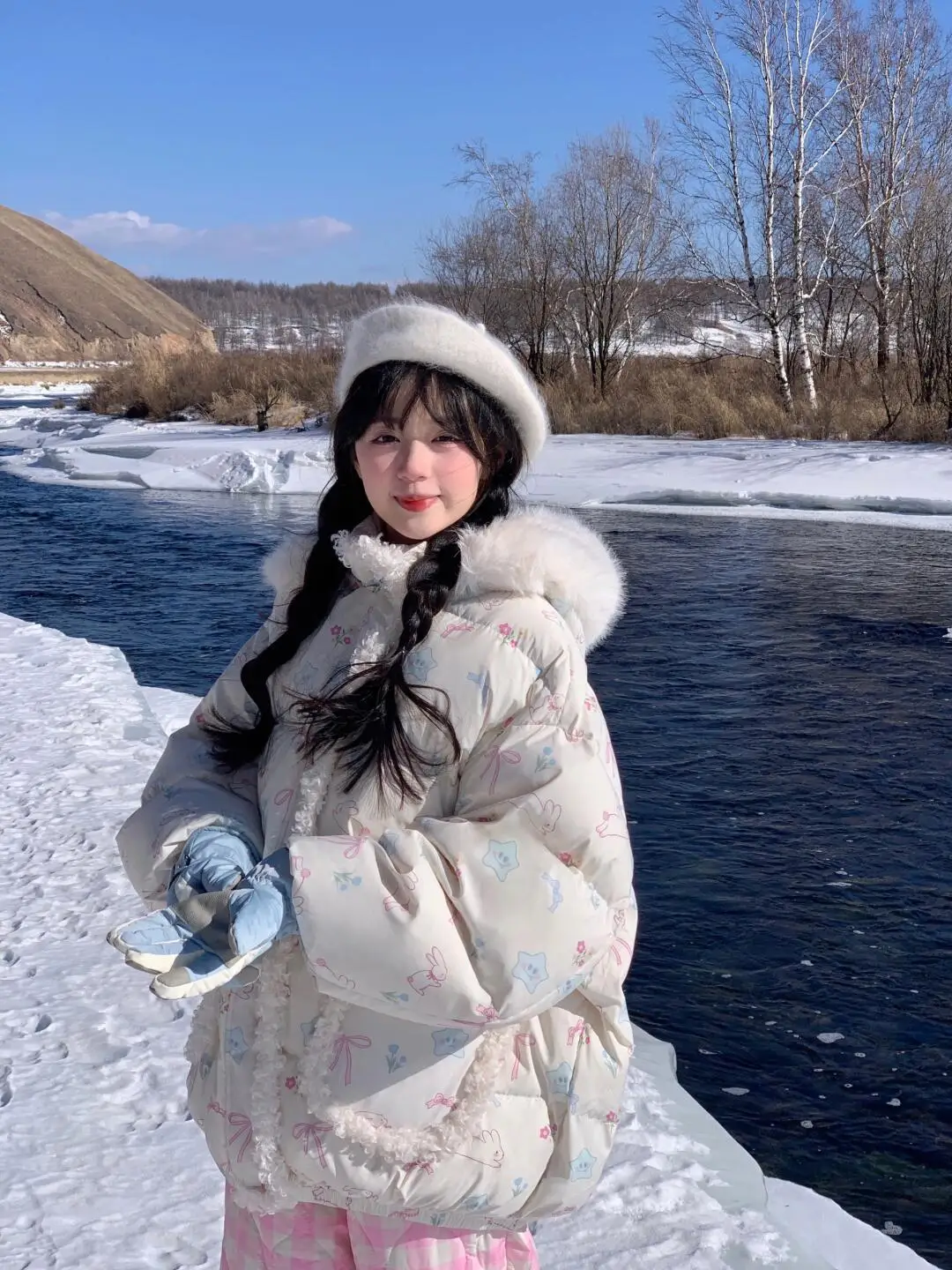 Kawaii Y2K طويلة الأكمام مقنعين سترات فو الفراء طوق معطف الكرتون طباعة المرأة عادية لطيف الحلو البلوز فتاة ملابس خارجية