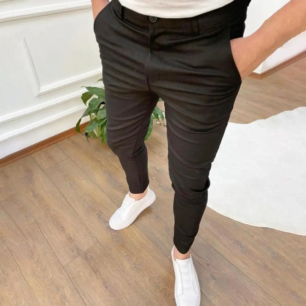 Calça lápis lavável meados ascensão masculina, calça lápis, longa, slim fit, skin-touch, popular, escritório