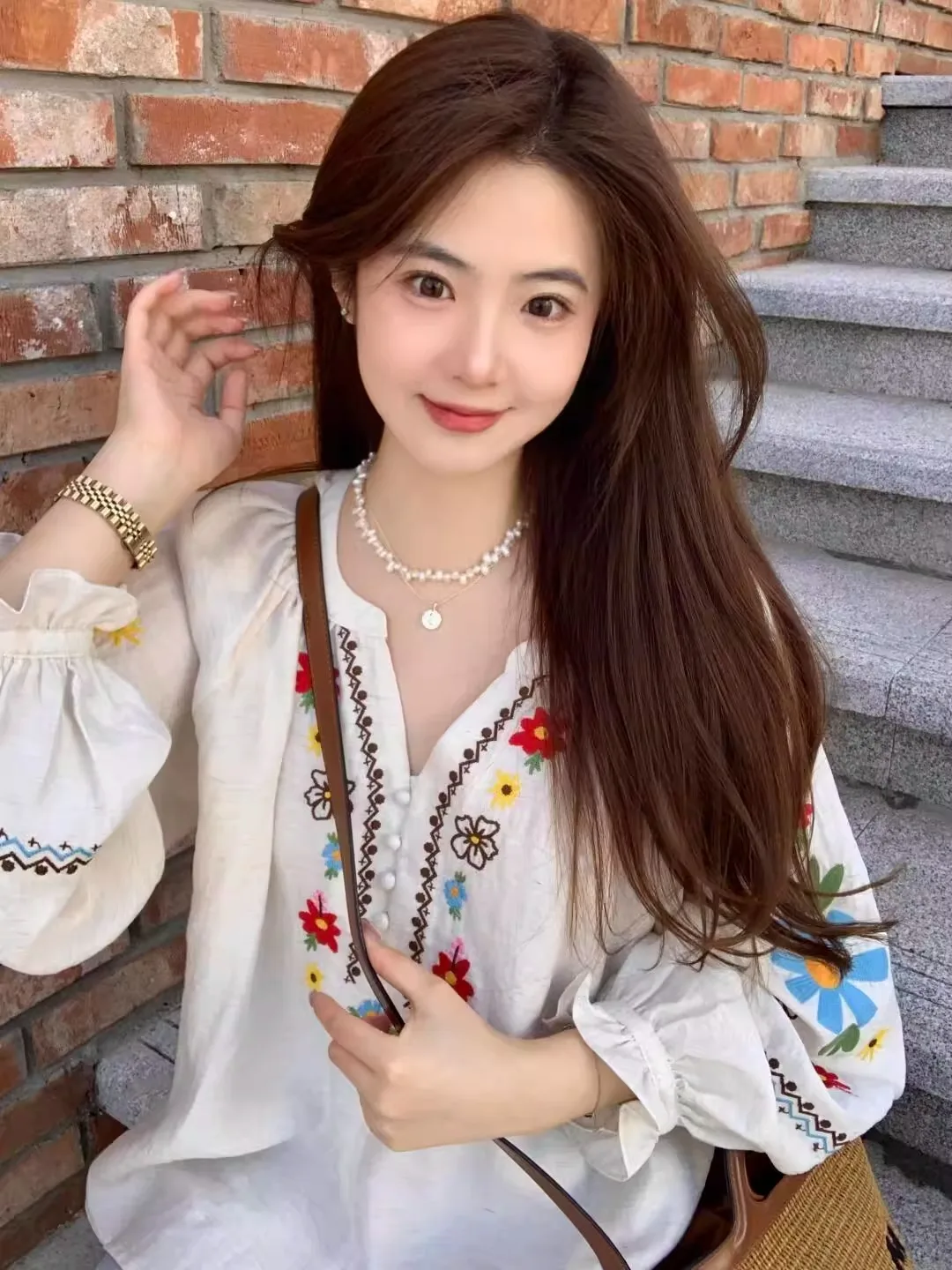 n ريترو العرقية المطرزة طويلة Sve irt المرأة Faionable فضفاض عادية V-Ne الخريف الأعلى الكورية Sle فانوس S... #4