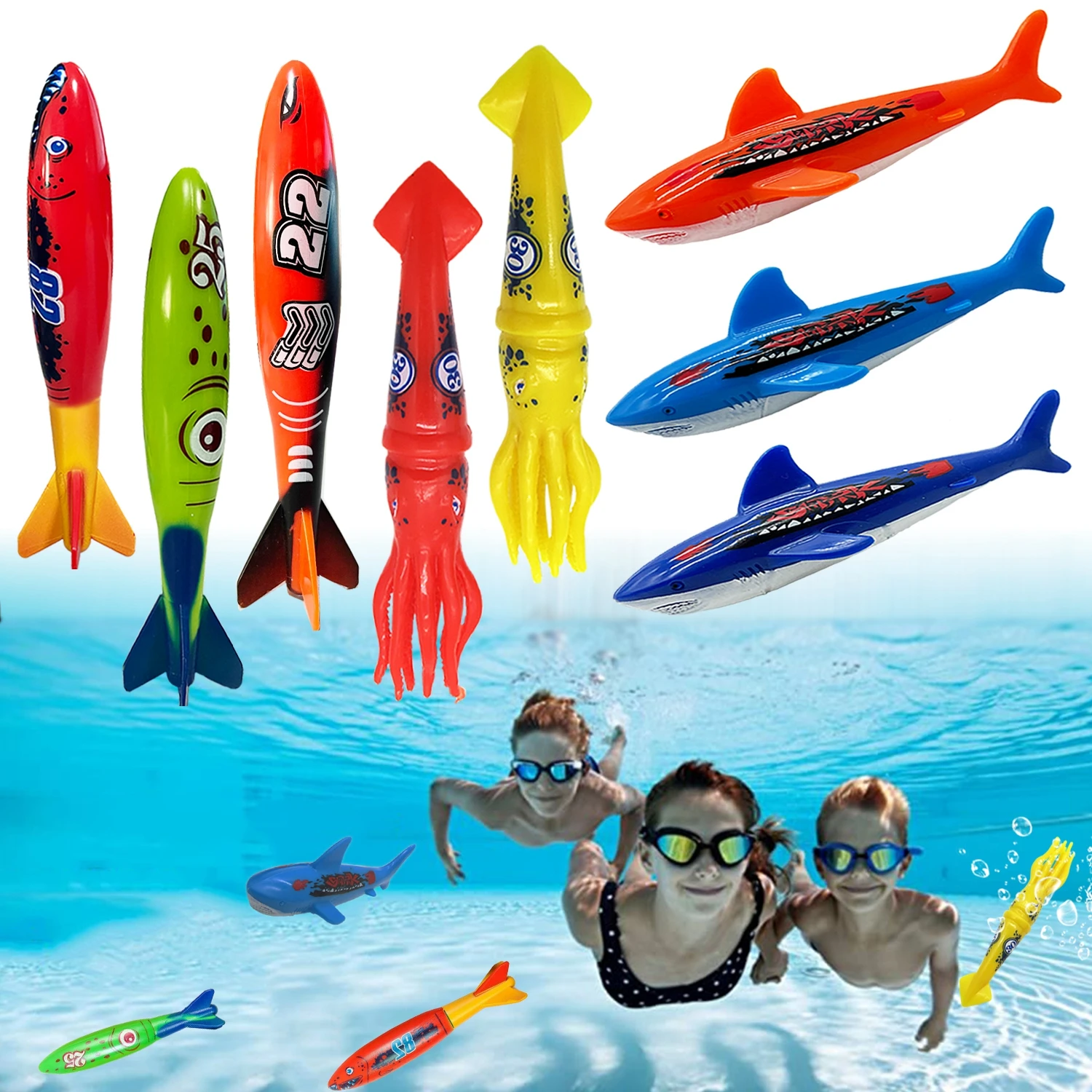 Juguetes de entrenamiento de buceo para niños, juego de torpedo, tiburones, pulpo, juegos acuáticos subacuáticos, Piscina de entrenamiento, regalos,