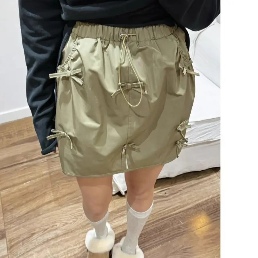 Wedbleser Korean 2025 Spring Summer New Style Elastic Waist Bow Green Workwear Wind Flower Bud A-line Half Length Short Skirts