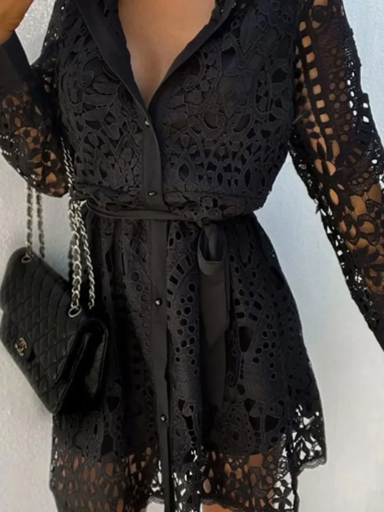 Damska Sukienka Koszulowa z Koronką, Modna, Jednolita, Długi Rękaw, Zapinana na Szydełka, Kwiatowa, Ażurowa, Sznurowana, Elegancka Odzież Biurowa dla Kobiet, Nowa