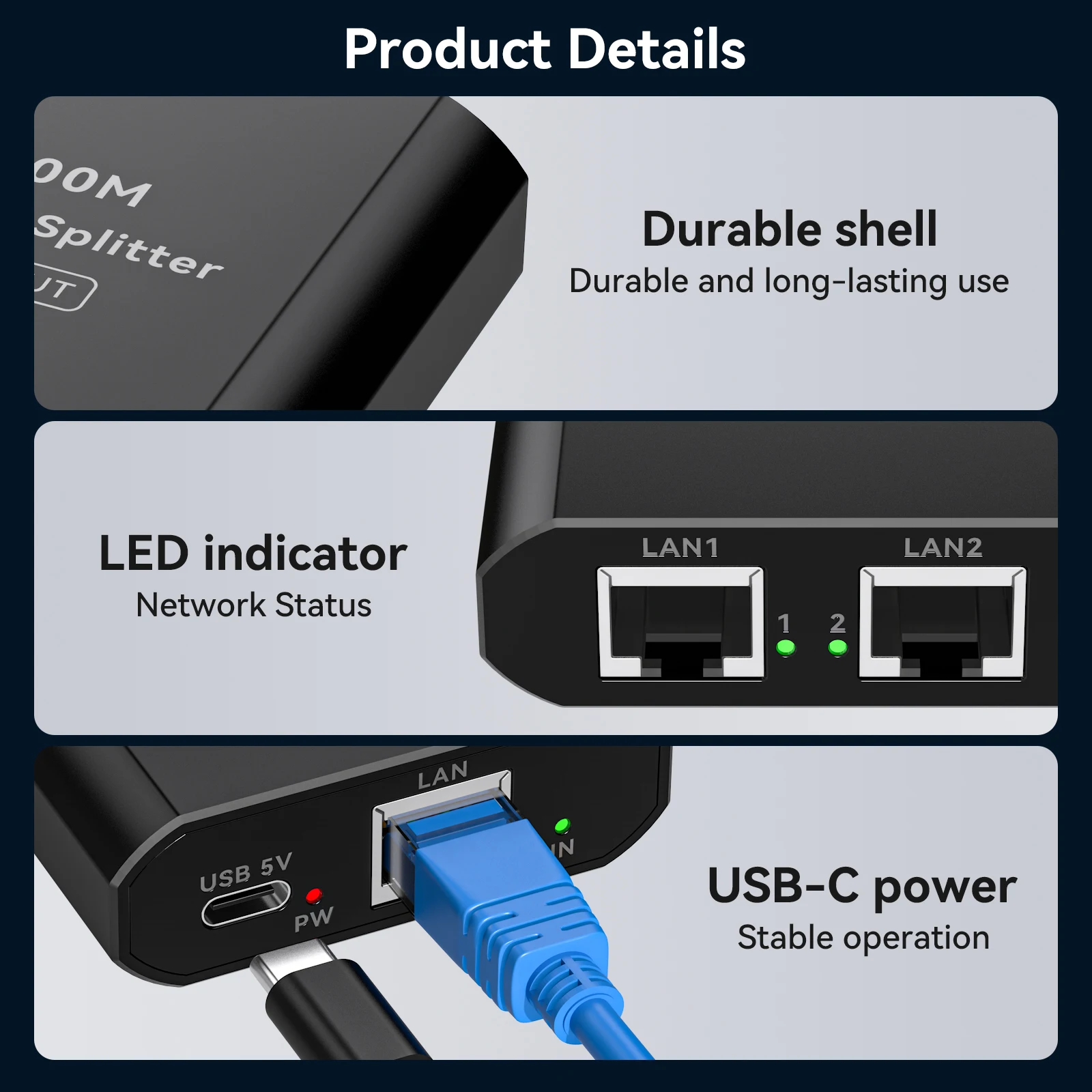 RJ45 Splitter 1 to 2 1000 Mbps Ethernet Splitter with Type-C Power Cable 1 in 2 Out Gigabit Switch Wireless Cable Switcher VPFET