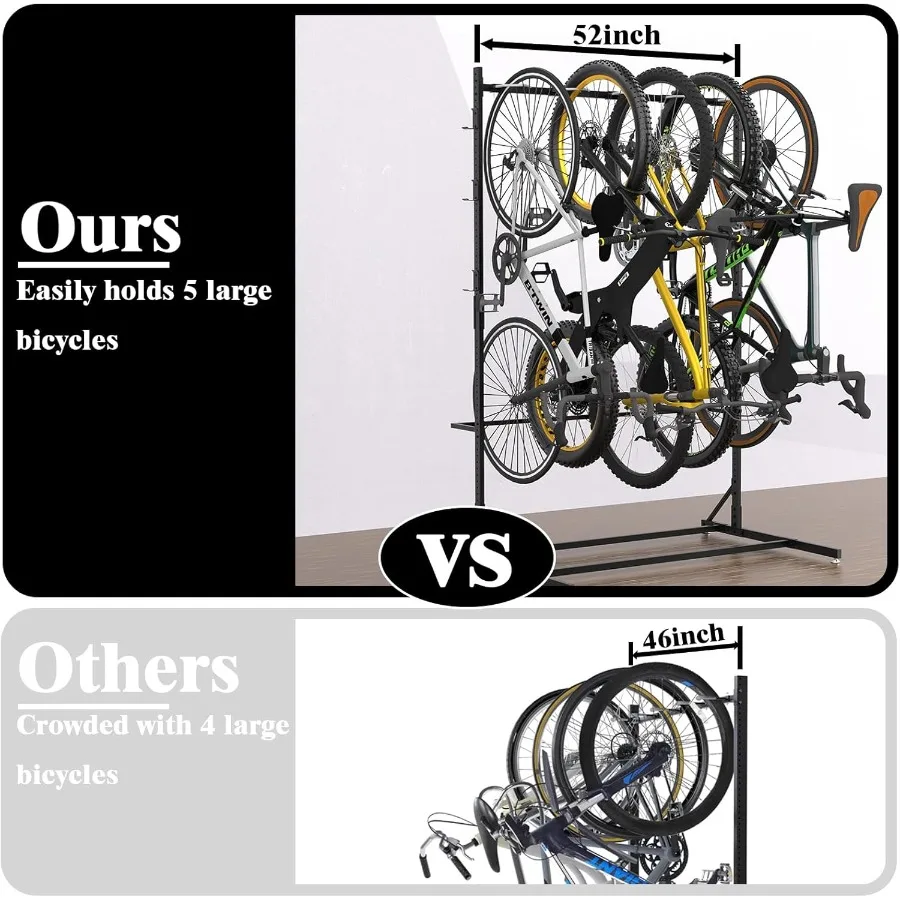 رف تخزين الدراجة قائم بذاته لـ 5 دراجات 52 رف دراجة عمودي فولاذي عريض مع 5 خطافات دراجة 6 خطاف لتخزين الخوذة الدراجة R