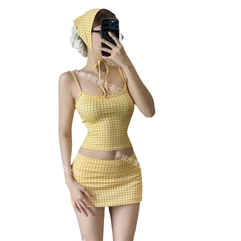 Neuer 2025, dreiteiliger Badeanzug, schlankmachendes Cover-Up, Urlaubsschönheit, kariertes Muster, konservatives Bikini-Set im koreanischen Stil