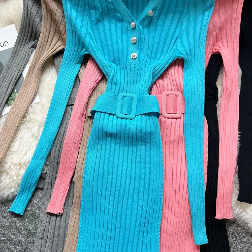 YuooMuoo YuooMuoo シックな美的女性ドレス 2025 秋冬 V ネックボタンニットロングドレスベルトレディパーティー Vestidos