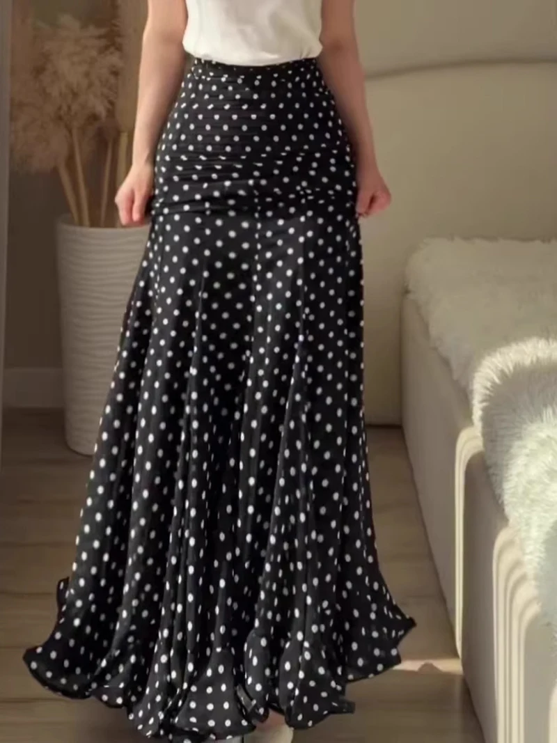 Women Polka Dot Long Skirt Retro High Waist Slim Waist Flared Skirts Elegant Ruffle Hem Casual Daily Versatile Maxi Skirt