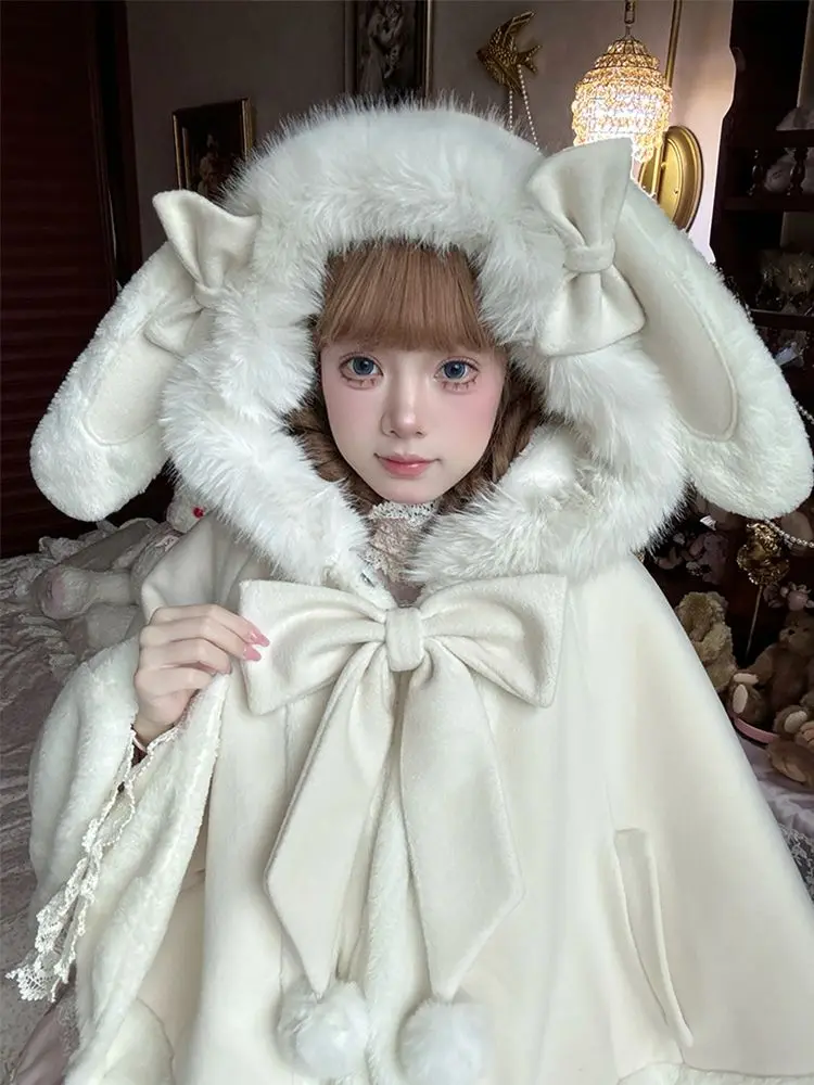 Japanese Lolita Faux Fur Patchwork Hooed Coat Y2k Aesthetic Cloak
