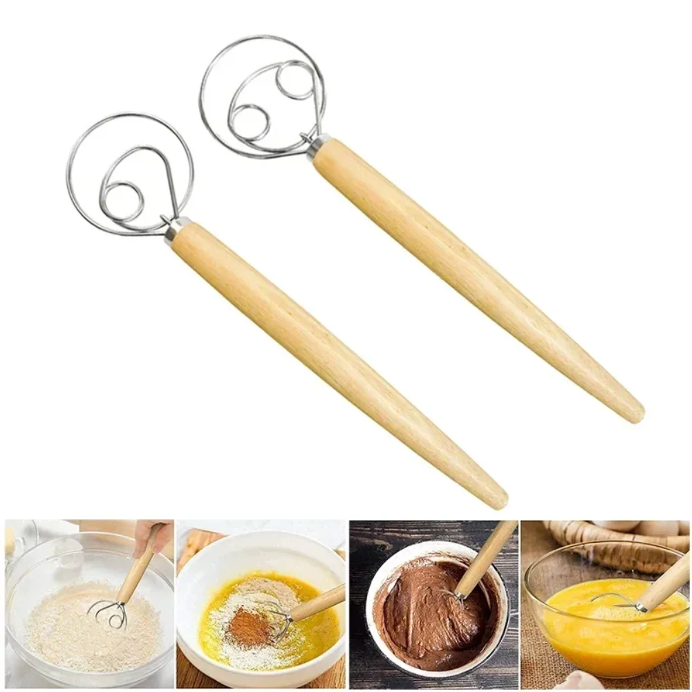 Cake Tools  Dough Whisk Stainless Steel Dutch Bread Dough Hand Mixer Wooden Handle Kitchen Baking Tools Artisian Blender