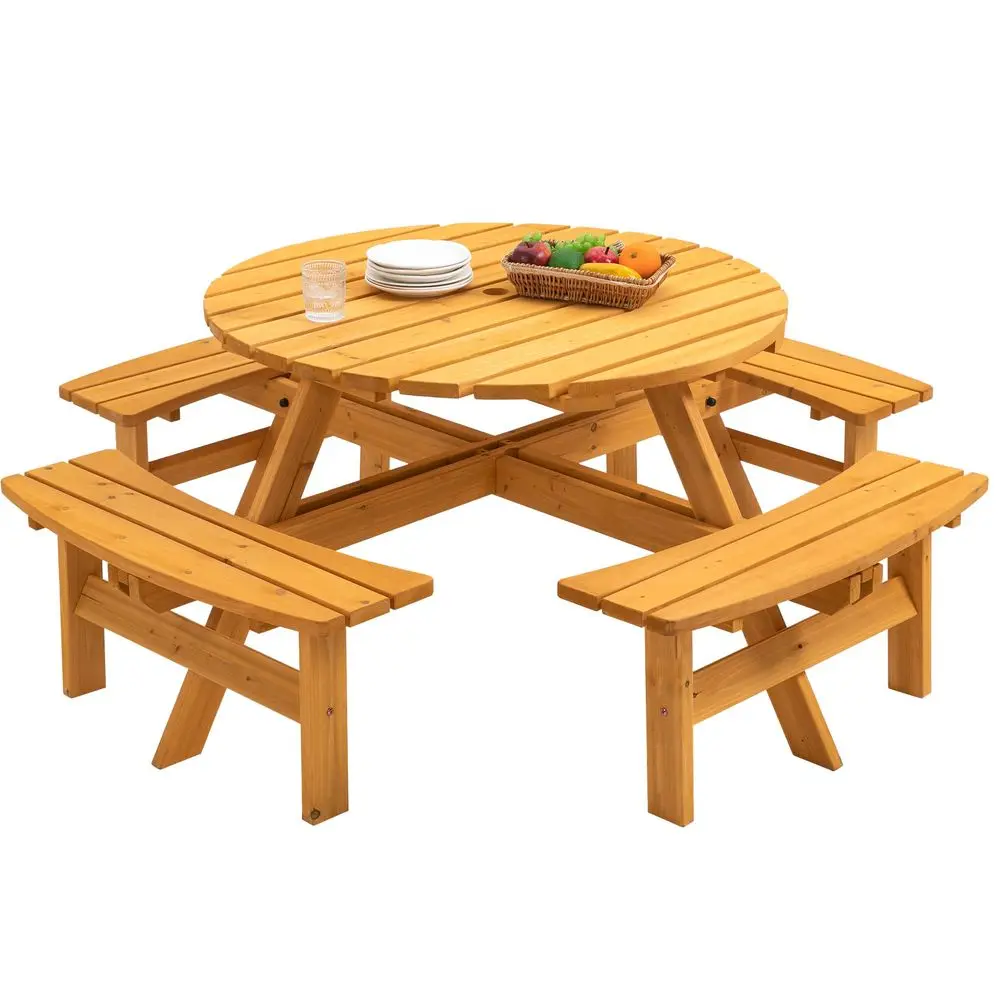 

8Person Outdoor Circular Wooden Picnic Table, Camping Dining Table w 4 Builtin Benches, Outside Table Set with Umbrella Hole, 2