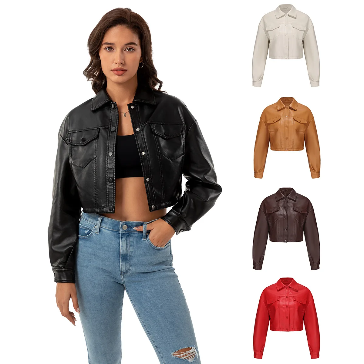 2024 Women's Spring New Loose Casual PU Leather Single-Breasted Short Lapel Fashion Leather Coat