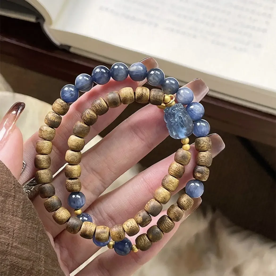 

Original Diy New Chinese Style Natural Agarwood Kyanite Women's Double Ring Bracelet Prayer Rosary Bracelet Light Luxury Jewelry