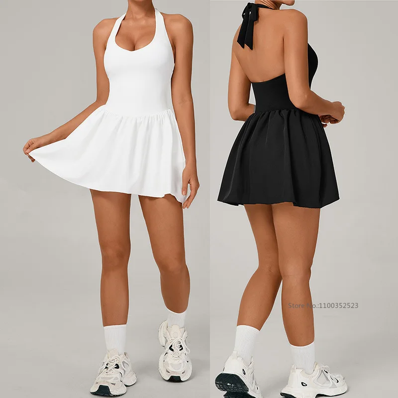 2026 Sports Dress Women Halter Backless Tennis Dress with Bra and Short Ladies A-lined Pleated Workout Skirts Sportswear