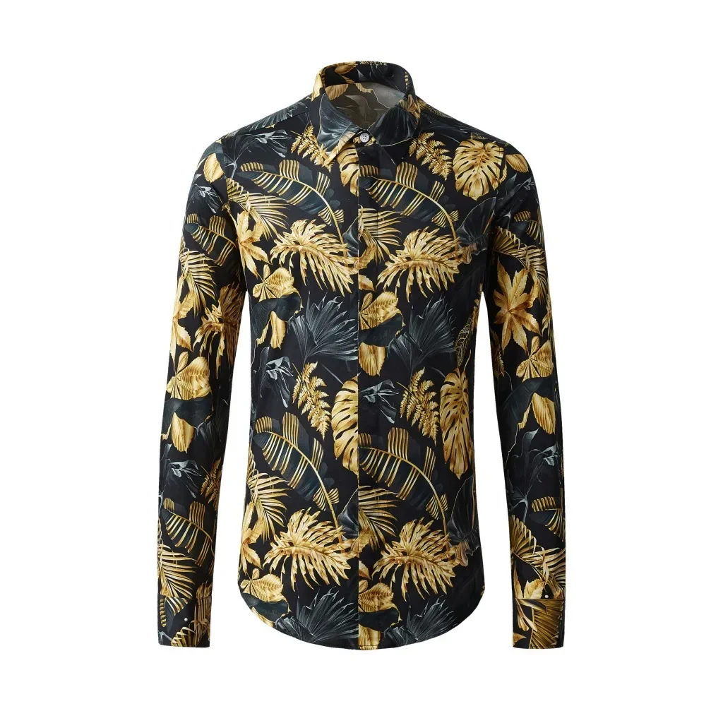 

New Cross border Hawaiian Men's Shirt Palm Print Men's Shirt Long Sleeve Fashion Casual One Piece Hair Collection