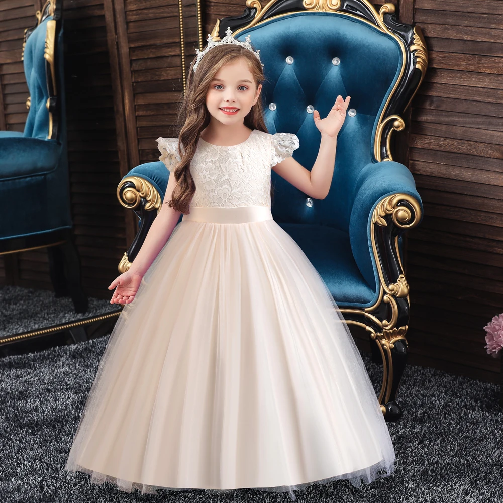 Champagne colored lace child princess dress, little girl runway, piano performance Wear flower boy big bow long dress