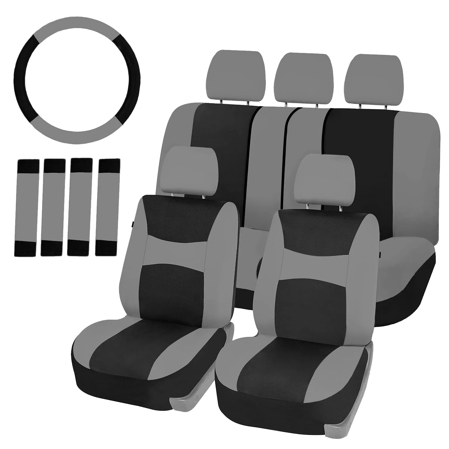 Breathable Comfortable Universal Full Set Car Seat Covers Tire Texture Embossed 3 Rear Backrest Zipper Fits Most Sedans And SUVs