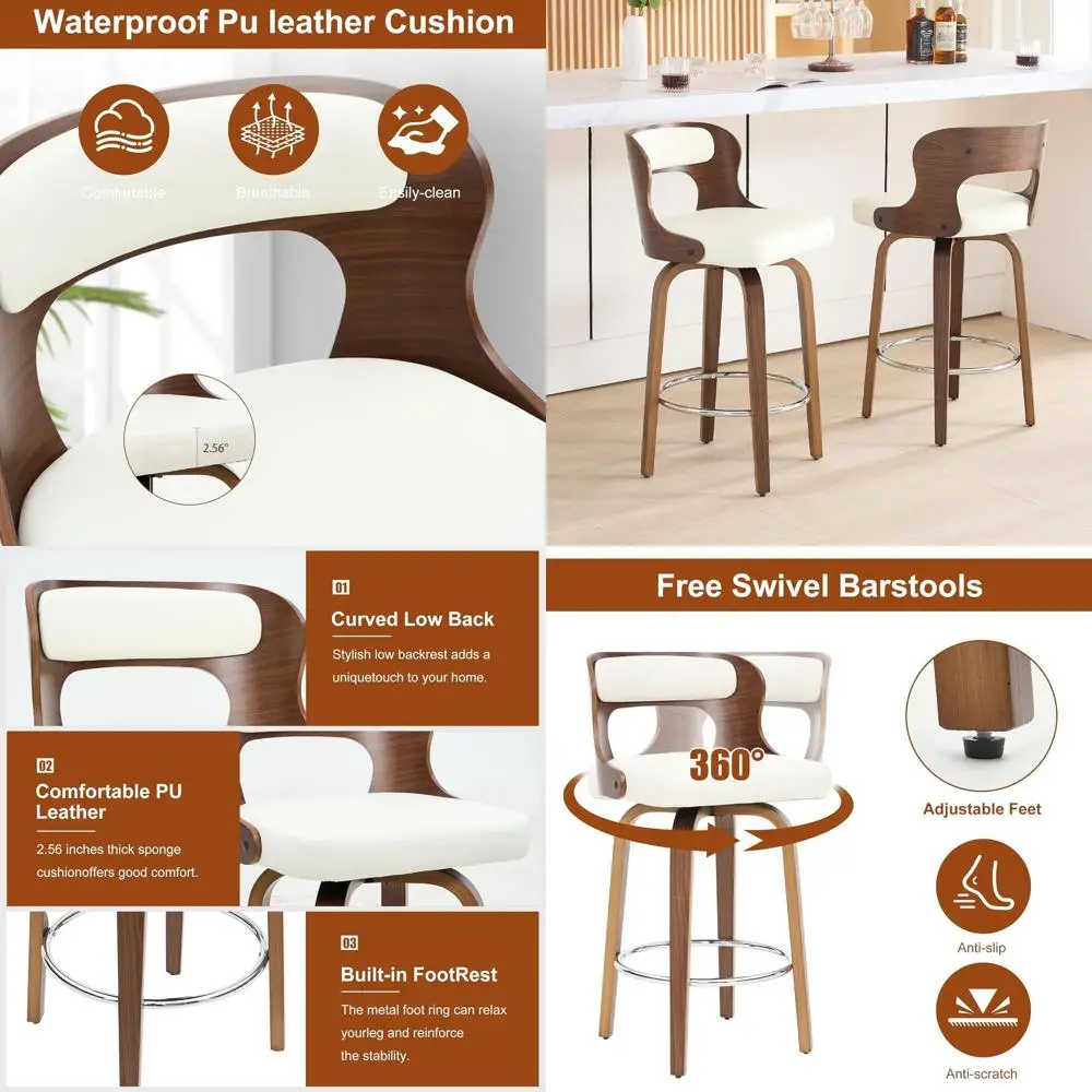 

Барные стулья высотой с прилавок, 26 дюймов, с изогнутыми ножками и спинкой, кожаные поворотные барные стулья, набор из 4 поворотных стульев в стиле середины века