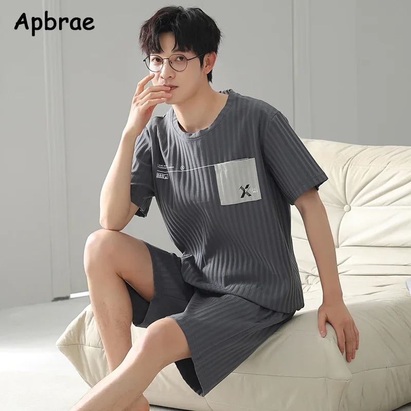 Zomer Heren Faux Katoenen Pyjama Set Korte Mouwen Shorts Nachtkleding Voor Jongen Big Size L-3XL Jonge Man Pijama Pullover Homewear