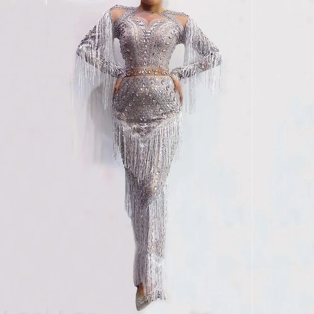 Glanzende strass damesjurk wit kristal kwastje uitgehold split vloerlengte strakke stretch nachtclubkostuums drag queen