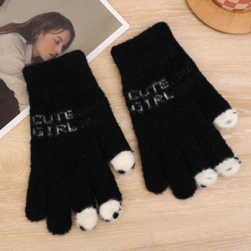 Open Finger Gloves Winter Warm Open Finger Gloves Women\'s Cute Panda Fingertip Touch Screen Gloves Warm Outdoor Knitted Gloves