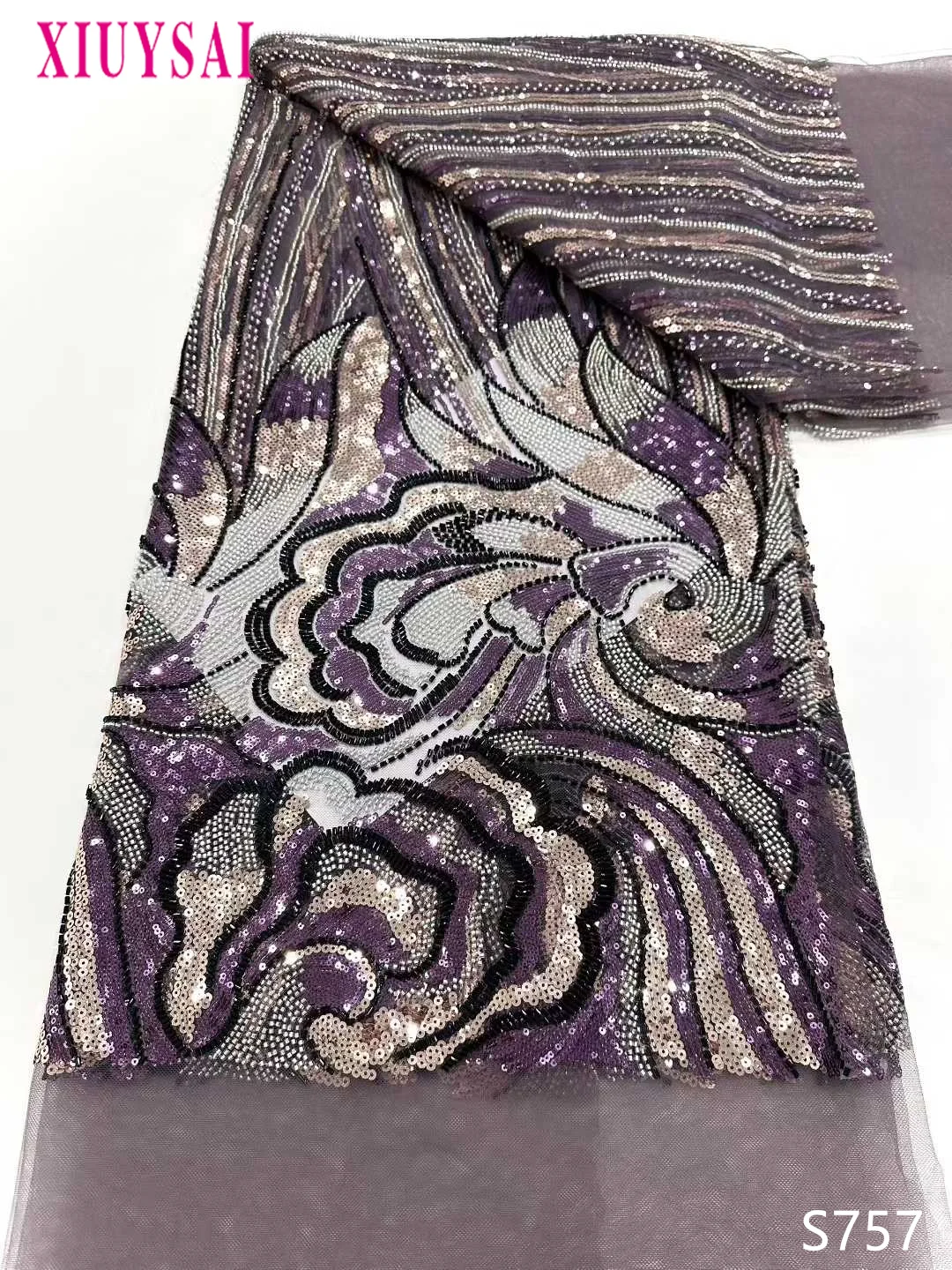 

Purple Latest Nigerian Lace Fabrics Fashion Women African Tulle Lace Luxury Handmade Bead sequins Fabrics For Wedding 5Yards