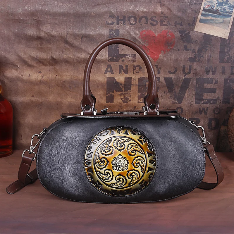 Motaora Womens Bag New Genuine Leather Handbag For Women Retro Embossed Chinese Style Crossbody Bag Soft Cowhide Luxury Bags