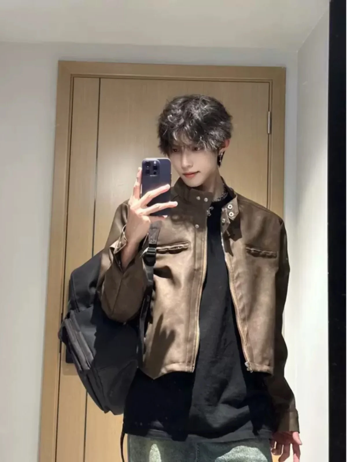 

Retro American Biker Leather Jaet Men's Coffee Color Padded oulder ort Sle Casual Faion Spring Autumn Winter Jaet