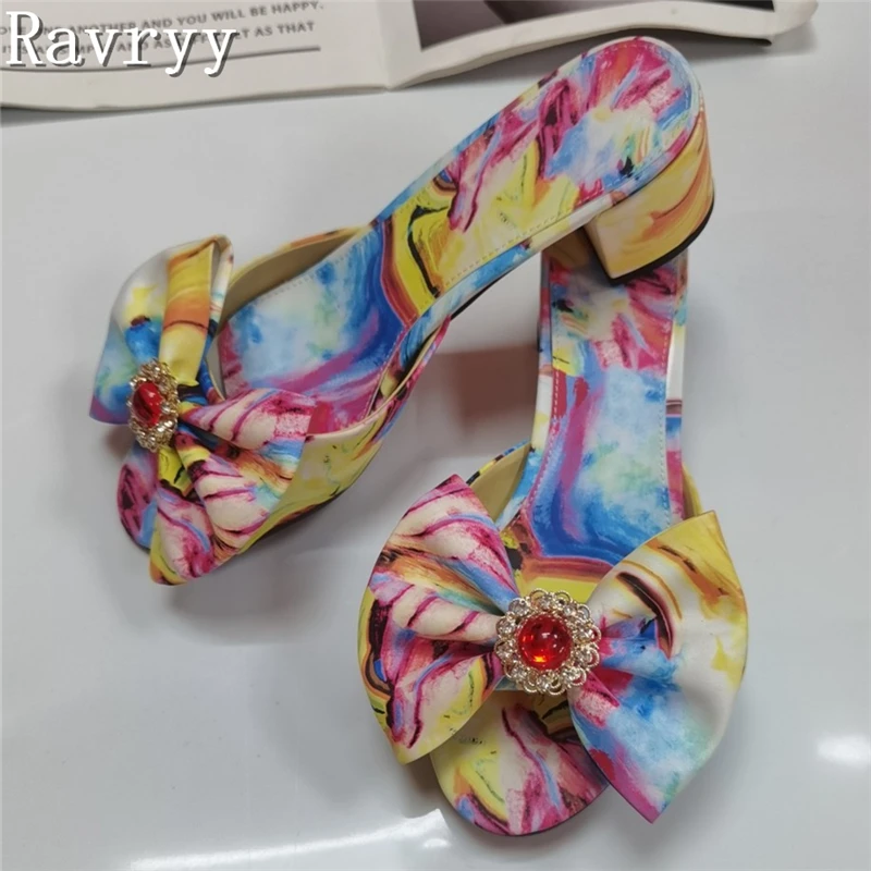 Women's Colorful Abstract Print Block Heel Slide Sandals with Large Bow & Red Rhinestone Embellishments, Open Toe Slip On Mules