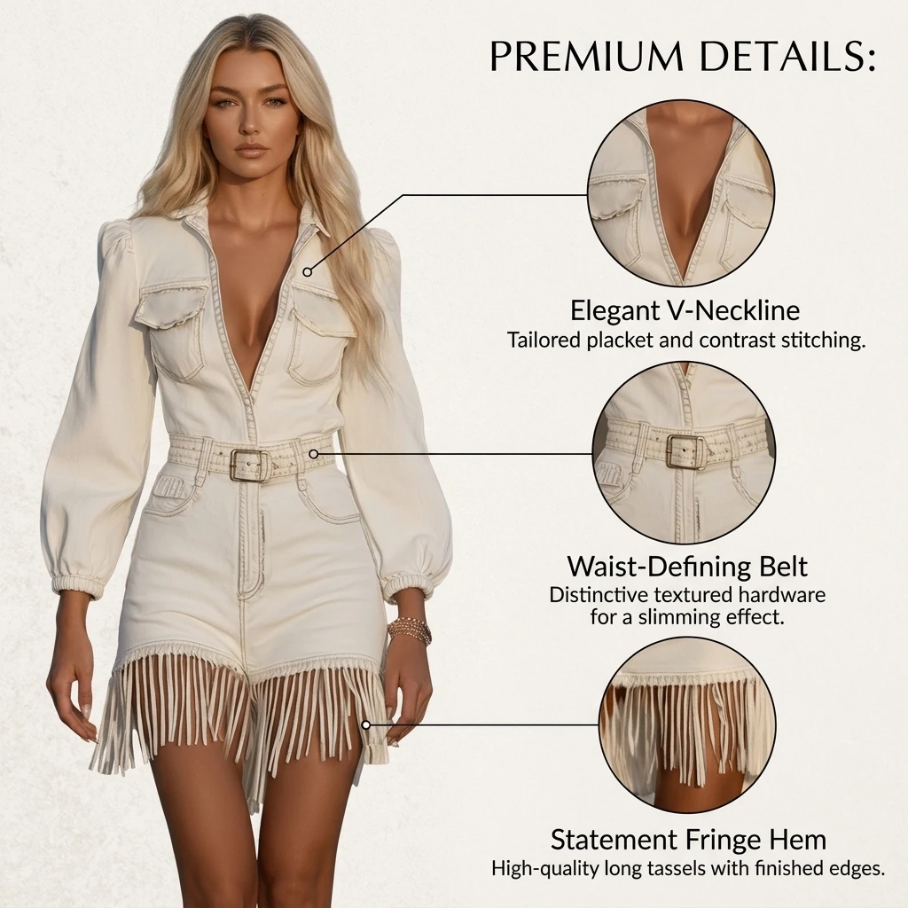 Fringe Mini Dress Western V-Neck Puff Sleeve Belted Tassel Hem Faux Denim Pullover Short Dress