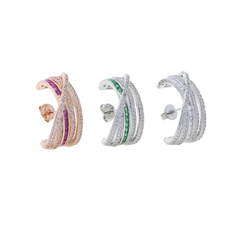 Luxury Geometric micro pave Colorful Cubic Zirconia cz Circle Lines ear cuff no pierced clip Stud Earrings Hip hop women jewelry