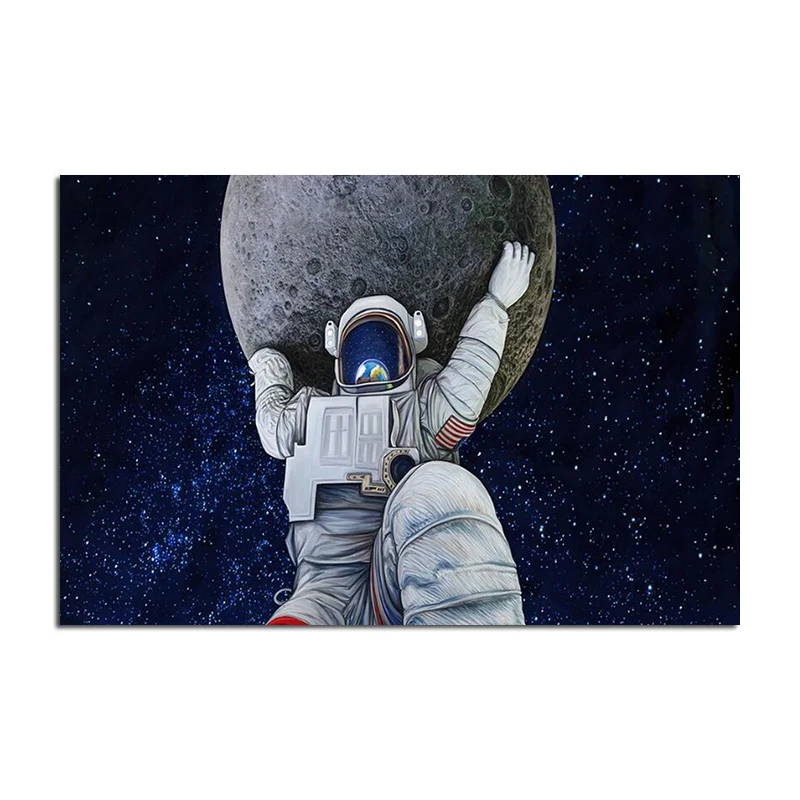 Astronaut Lifts Up The Moon Canvas Wall Art Modern Posters and Prints Abstract Outer Space Picture Modern Painting Wall Decor