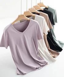 MRMT 2024 Brand New Women's Mulberry Silk Mercerized Cotton T Shirt Women T-Shirt Loose Simple V Neck Slim Short Sleeve Top Tees