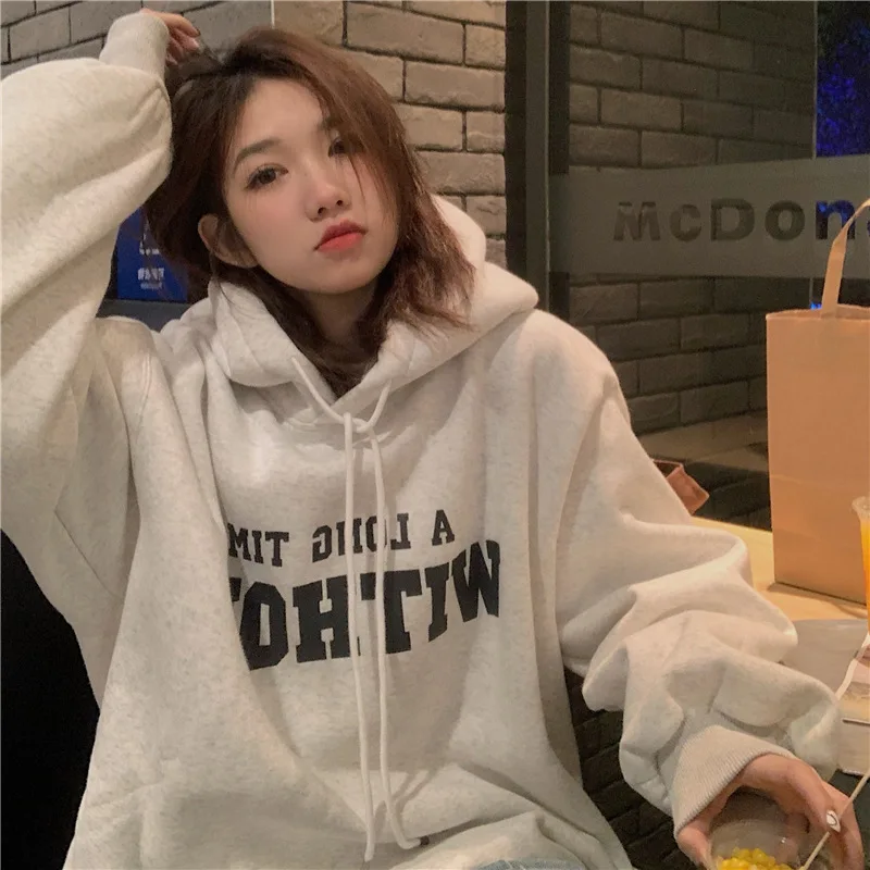 Autumn Retro Green Letter Hoodie Women Ins Plus Size Loose Hip Hop Hoodies American Streetwear Korean Oversized Baggy Outerwear