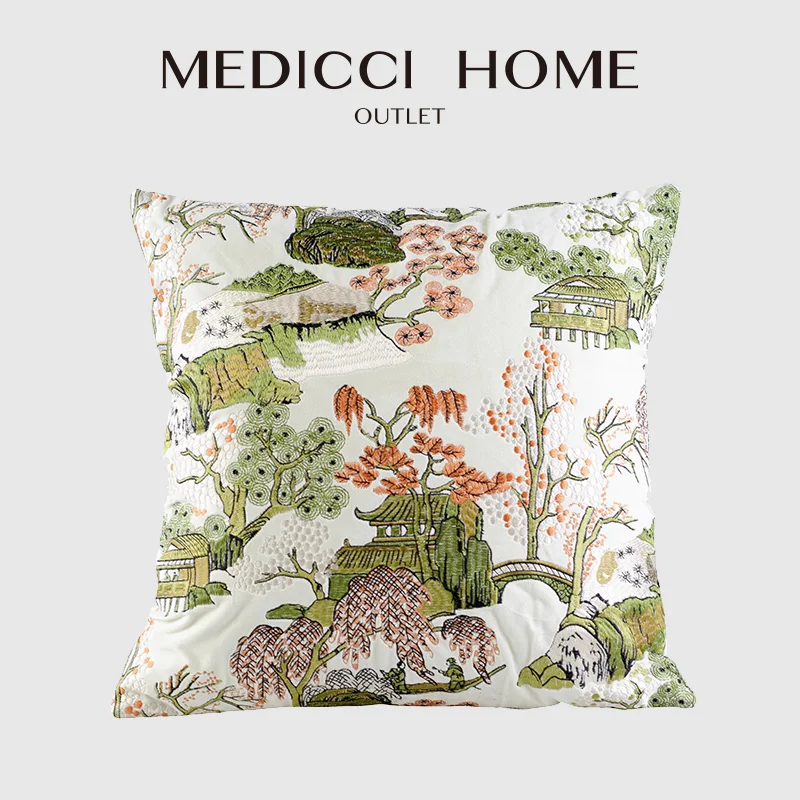

Medicci Home GG Style Asian Scenic Full Embroidered Throw Pillow Case Luxury Decorative Cushion Cover Breathtakingly Rich Colors