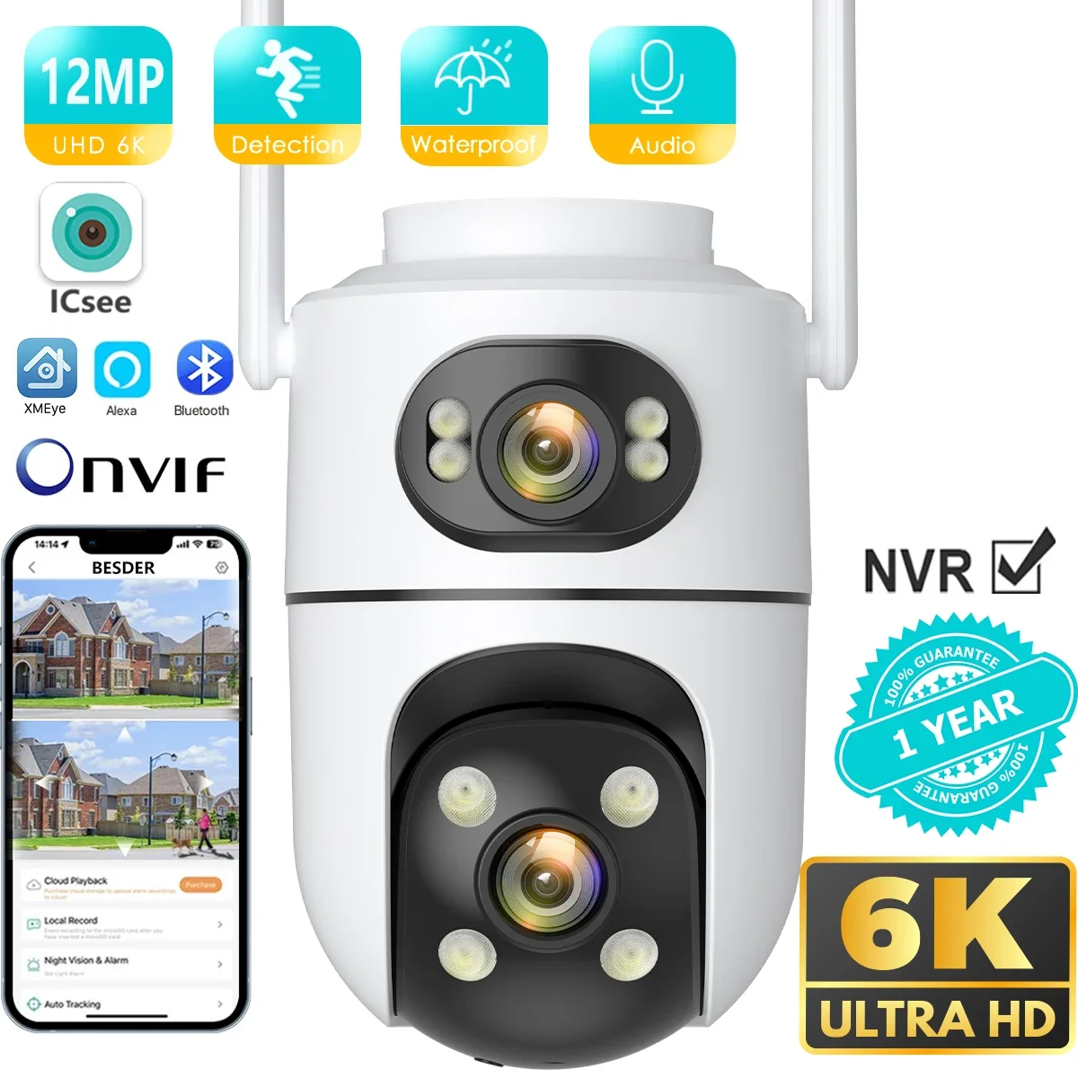 Cámara IP de seguridad inalámbrica para exteriores, cámara PTZ Wifi externa de doble lente HD de 6K y 12MP, cámara de vigilancia de calle con seguimiento automático iCsee