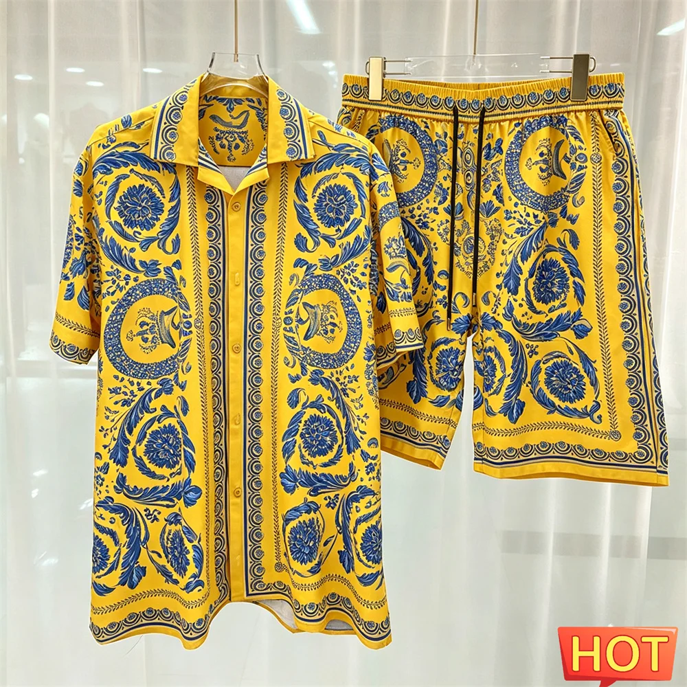 Sommer-Herrenhemd-Set, luxuriöser Musterdruck, 2-teiliges Set, lässiges, hochwertiges Hemd mit Knöpfen und Hose, Herren-Outfit, Herrenbekleidung