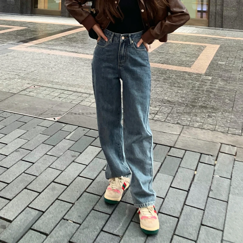 

High Waist Straight Leg Jeans Small Size Casual Versatile Long Trousers Autumn High Waist Denim Blue Color Suitable for Young...