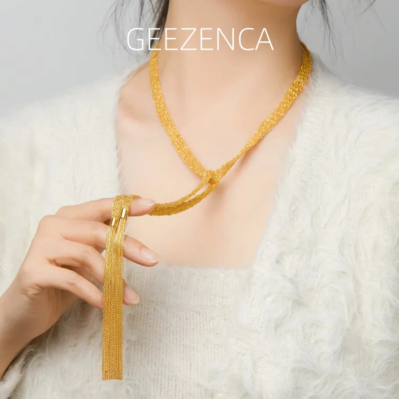 GEEZENCA Real 925 Silver 18K Gold Mesh Chain Woven Scarf Long Necklace For Women Italy Luxury Trendy Personalized Dainty Gift