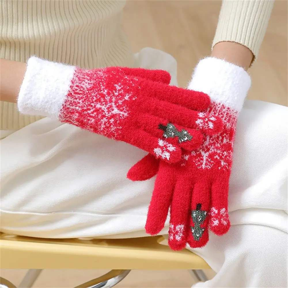 Knitting Warm Gloves Touch Screen Elastic Knitted Mittens Christmas Red Thicken All Finger Gloves for Outdoor Cycling Driving