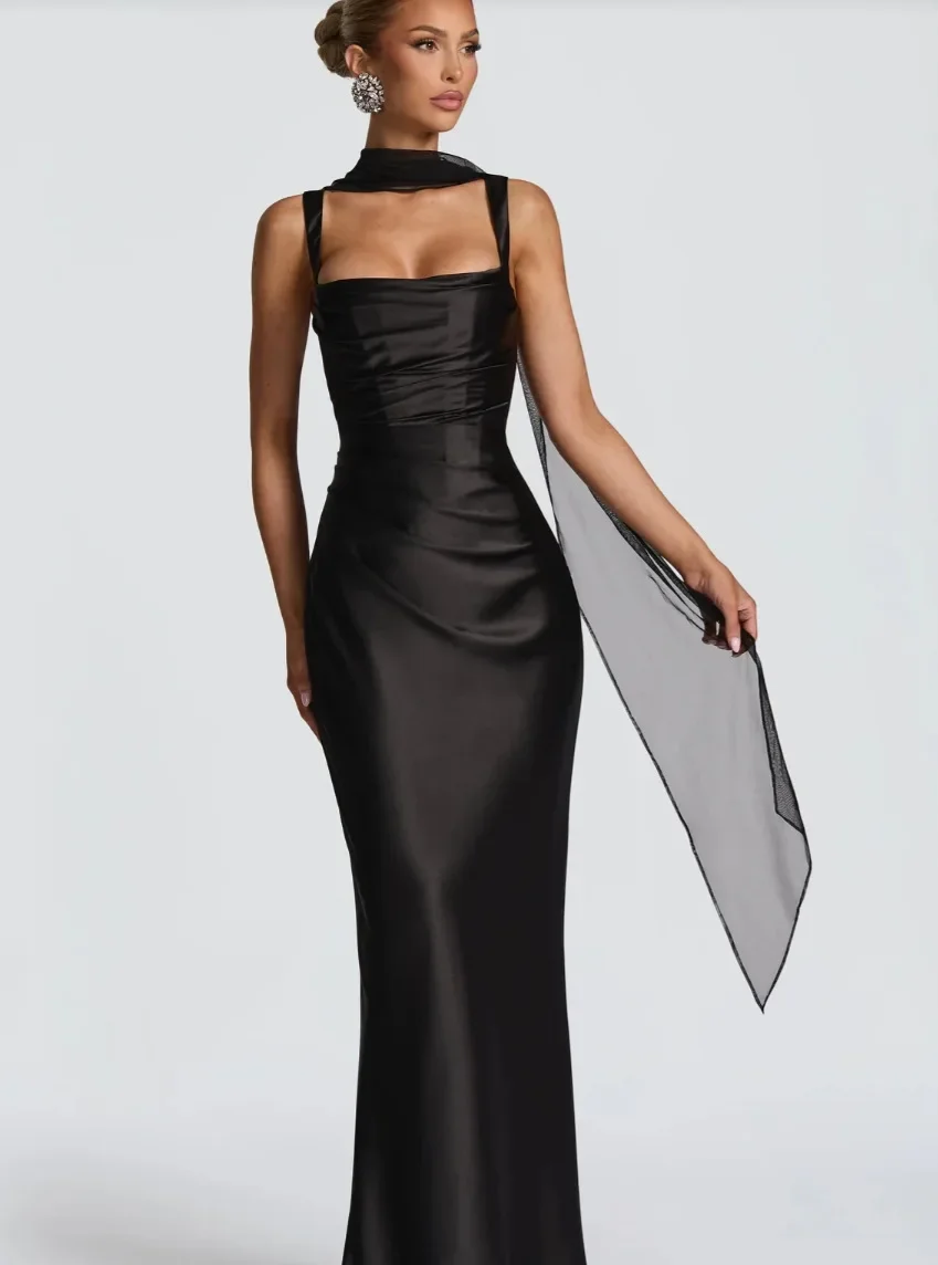 Sexy Lady Solid Ribbon Evening Dress Fashion Sleeveless Square Collar Lace Up Backless Slim Maxi Dresses Summer Dinner Party New