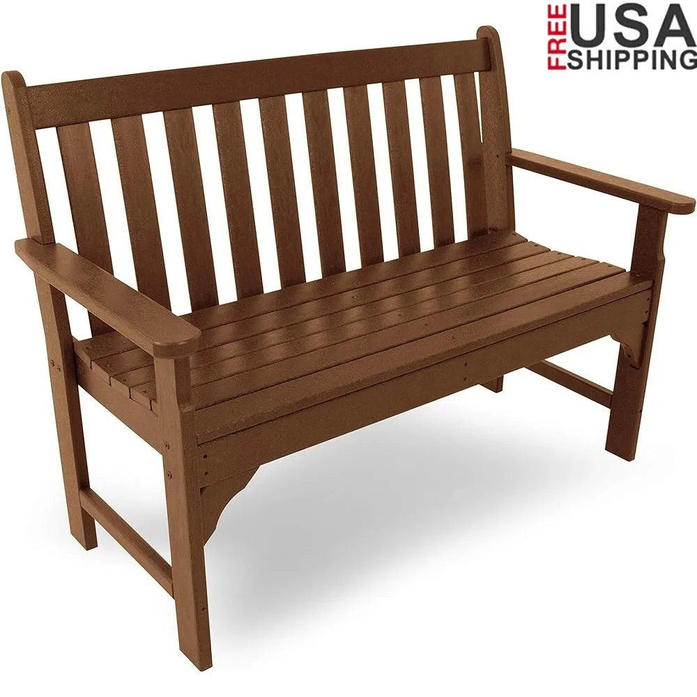 

Outdoor Bench Durable HDPE Lumber Weather Resistant Low Maintenance Teak Color Assembled Easy Clean Sturdy Design Garden Patio