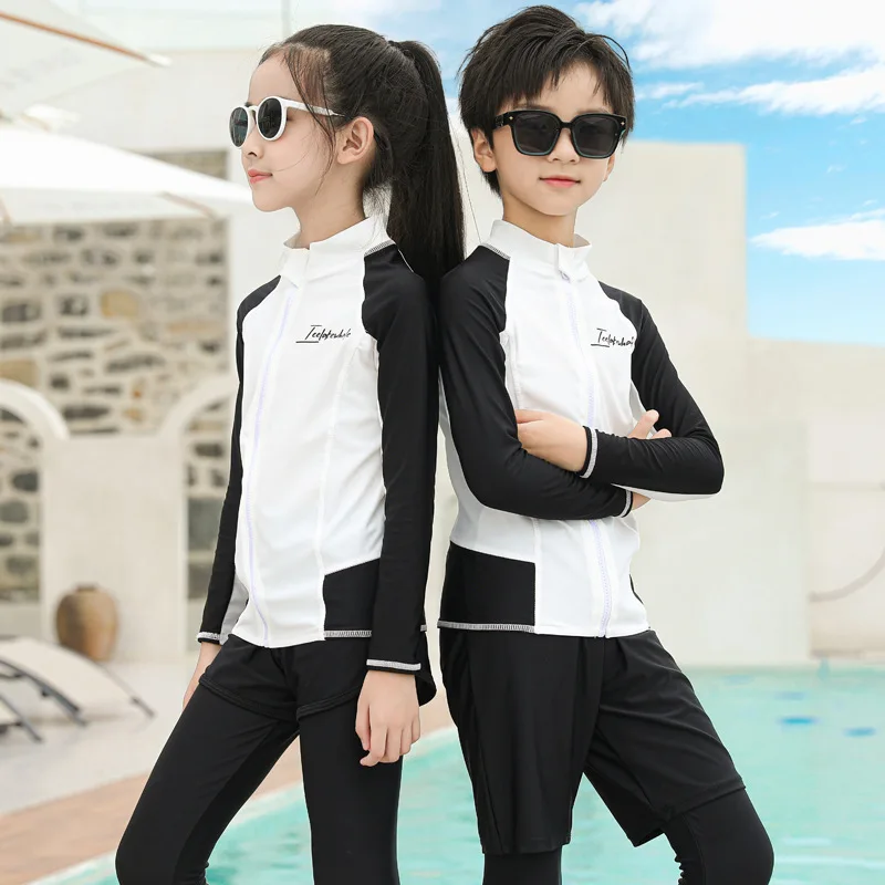 Three Piece Long Sleeve Cover Up Swimwear Korean Beach Wear Kids Girls Boys Swimsuit White Black Rash Guard Bathing Suits Pants