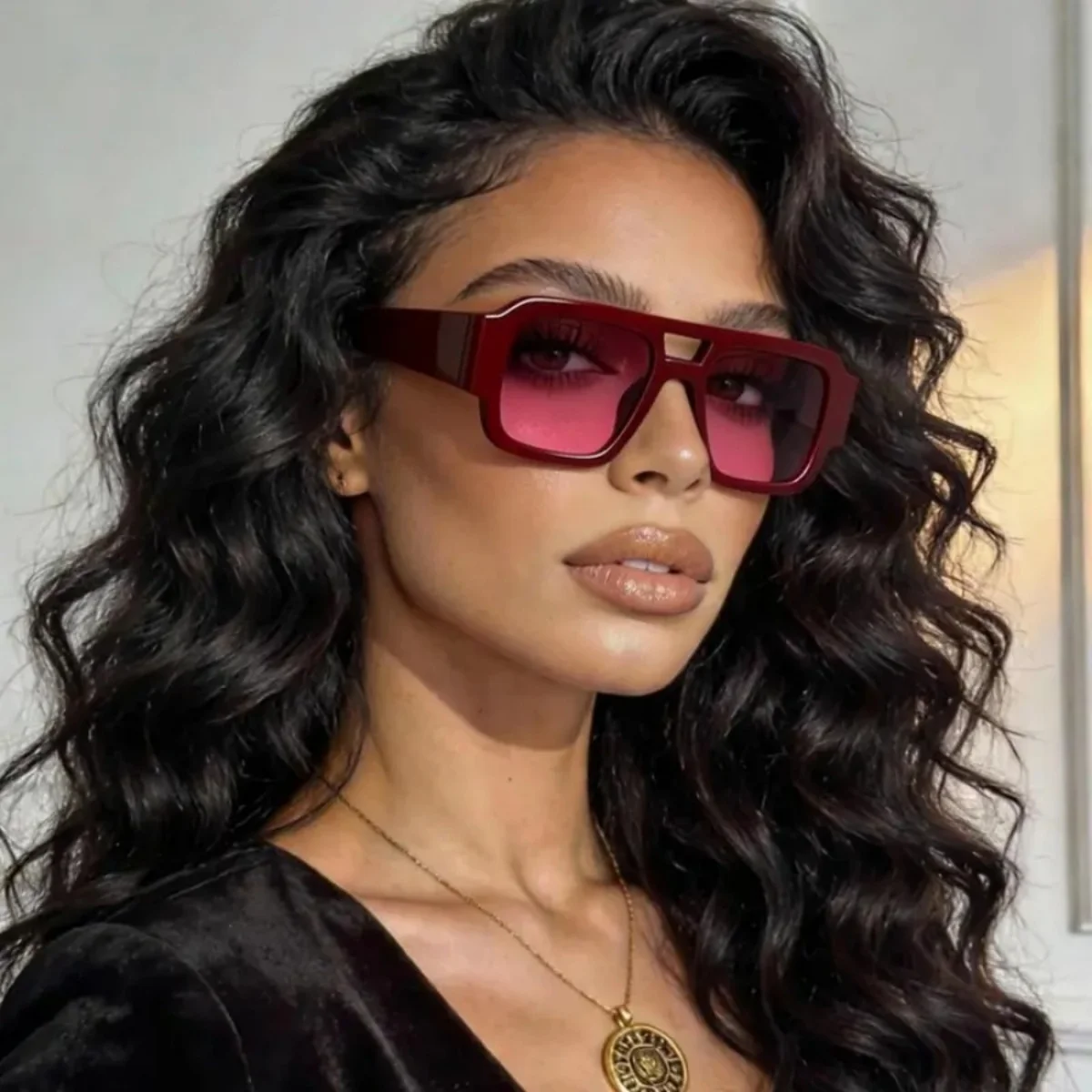 Retro Square Aviator Sunglasses — Burgundy Frames with a Cutout Bridge Design