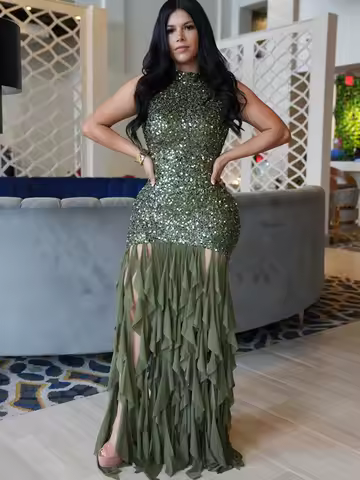 Doyerl Sparkly Sequin Dress Women Luxury Evening Celebrity Sleeveless Tassel Hem Night Club Party Prom Maxi Dress Birthday Robe