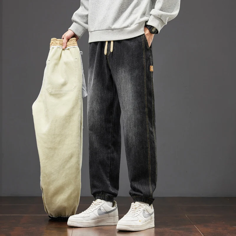 

Зимние джинсы на флисовой подкладке, мужские прямые эластичные винтажные утепленные джинсовые брюки, мужская повседневная одежда, модные плюшевые джинсовые брюки
