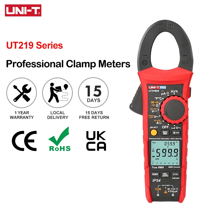 UNI-T Pinza amperometrica digitale professionale 1000V AC DC UT219DS UT219E Vero RMS Spegnimento automatico Test sequenza motore trifase Inrush