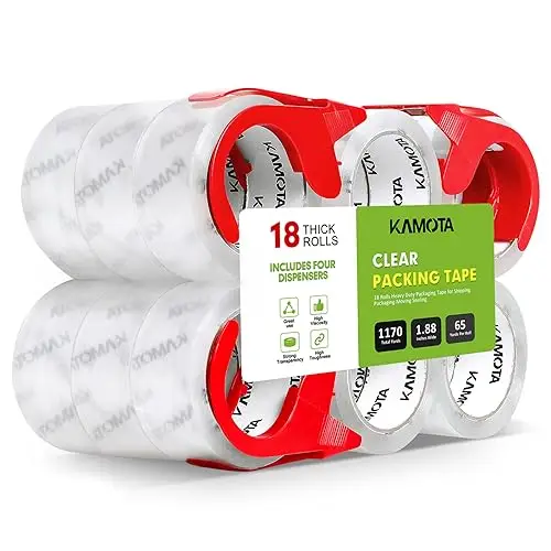 

Heavy Duty Clear Packing Tape, 18 Rolls 1.88" x 65 Yards, Strong Adhesive for Shipping Moving Sealing, Total 1170 Yards with 3